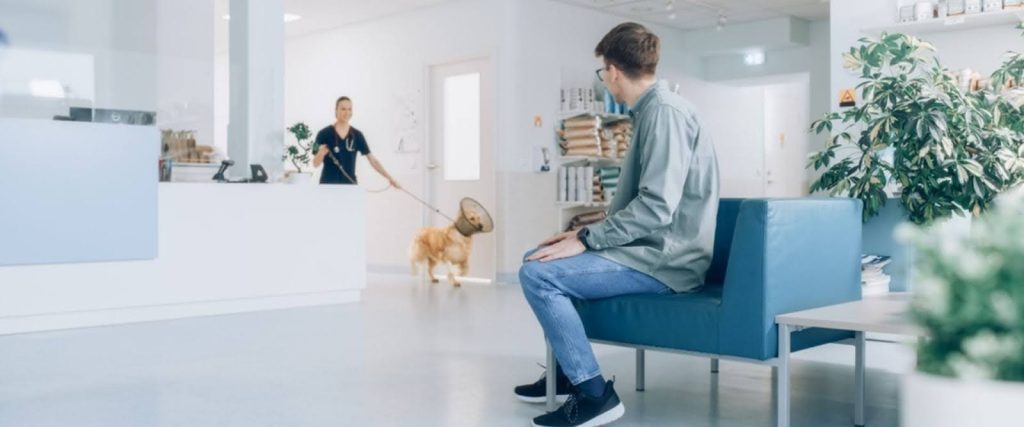 Man in vet clinic waiting area as nurse walks dog with cone, pet supplies on shelves