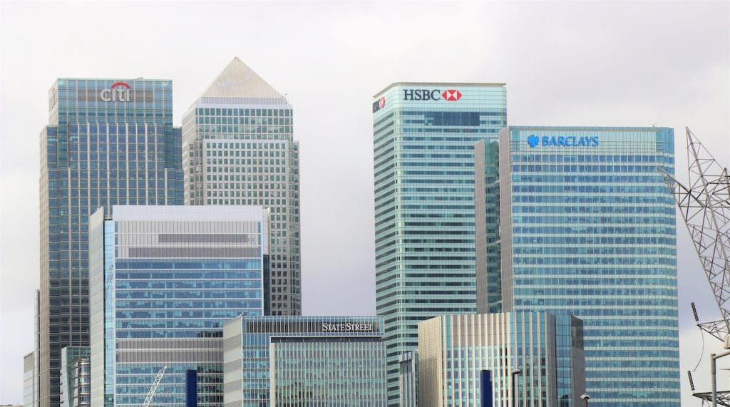 Financial district skyscrapers with bank logos