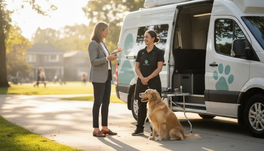 Corporate professional discussing a dog grooming franchise career change beside a mobile grooming van