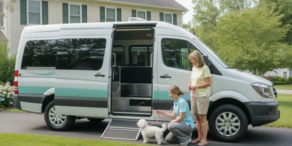 A mobile pet grooming van parked in a residential driveway as a groomer prepares for a dog appointment