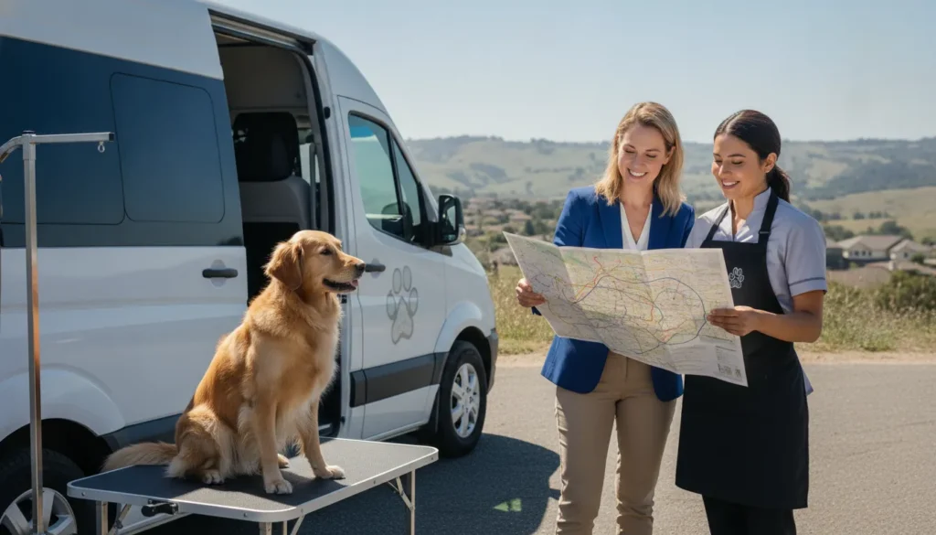 Investor reviewing a mobile dog grooming franchise plan beside a grooming van
