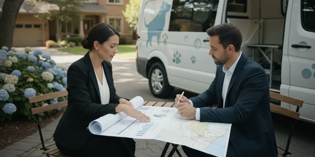 Mobile pet grooming franchise owner reviewing a business plan beside a grooming van