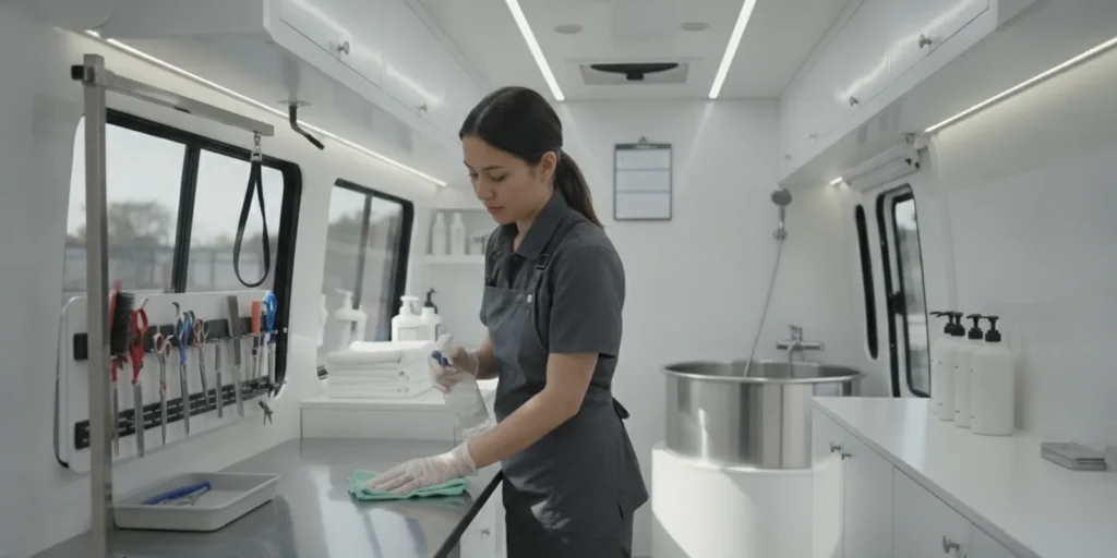 Grooming tools being cleaned and disinfected inside a mobile pet grooming van