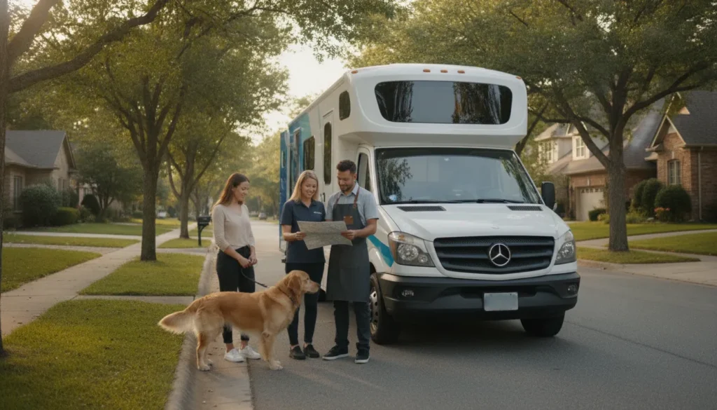 Franchise owner and groomer planning mobile dog grooming routes beside a van
