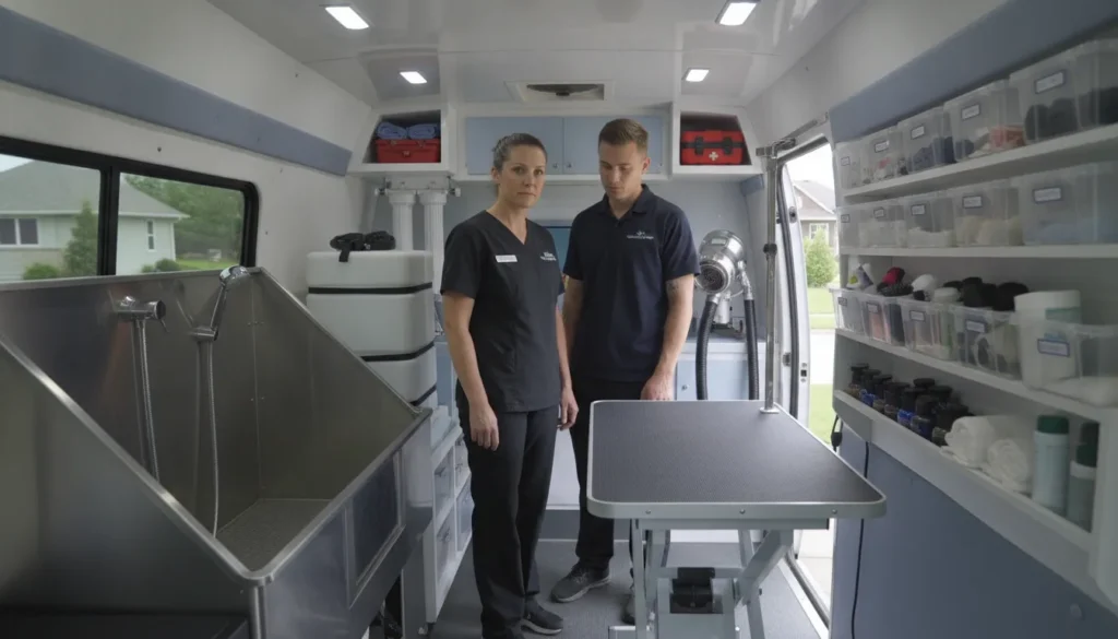 Franchise owner and groomer reviewing equipment inside a mobile dog grooming van