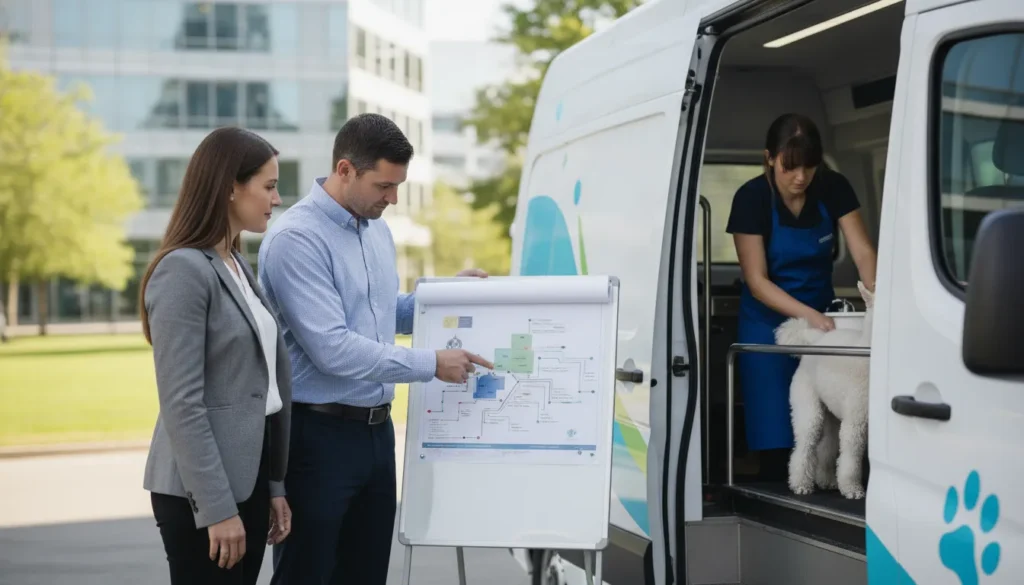 Franchise owner and operations manager reviewing a mobile grooming van route