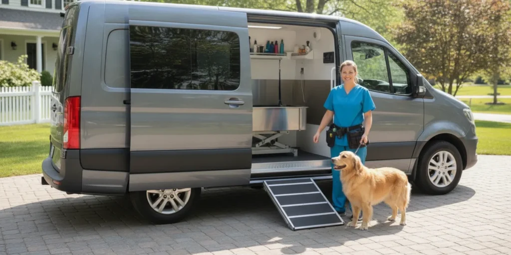 A mobile dog grooming van parked outside a home as a groomer prepares for an appointment