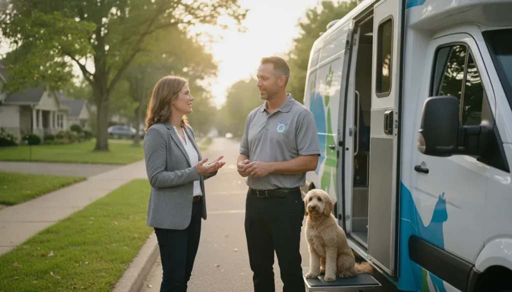 Franchise investor speaking with a mobile dog groomer beside a grooming van