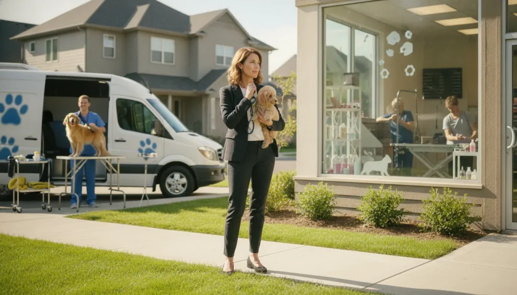 Entrepreneur comparing a mobile pet grooming franchise with an independent salon