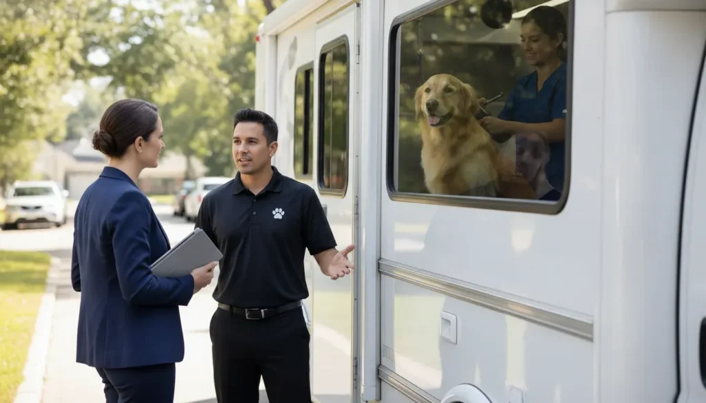 Franchise owner and operations manager discussing a mobile dog grooming business beside a grooming van