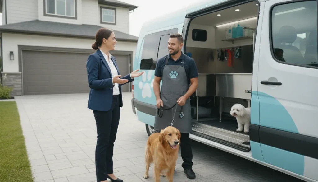 Entrepreneur and groomer beside a mobile pet grooming van