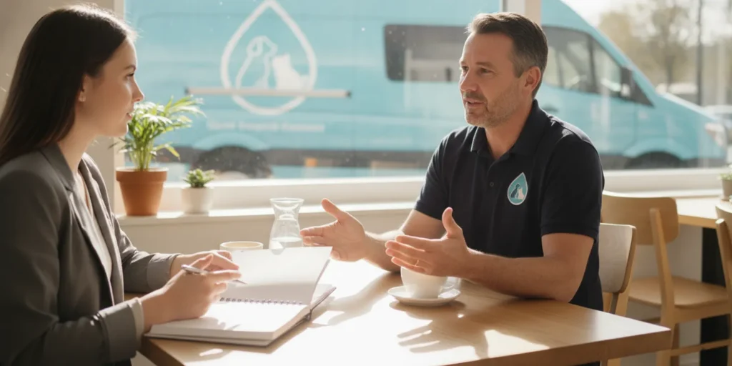A prospective franchise owner taking notes while speaking with an experienced franchisee