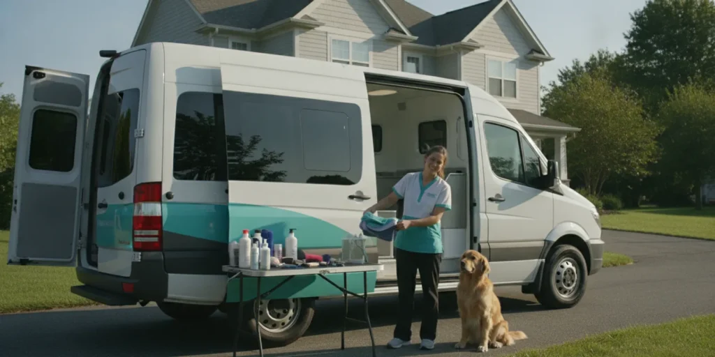 A modern mobile dog grooming van parked outside a home as a groomer prepares for a first appointment