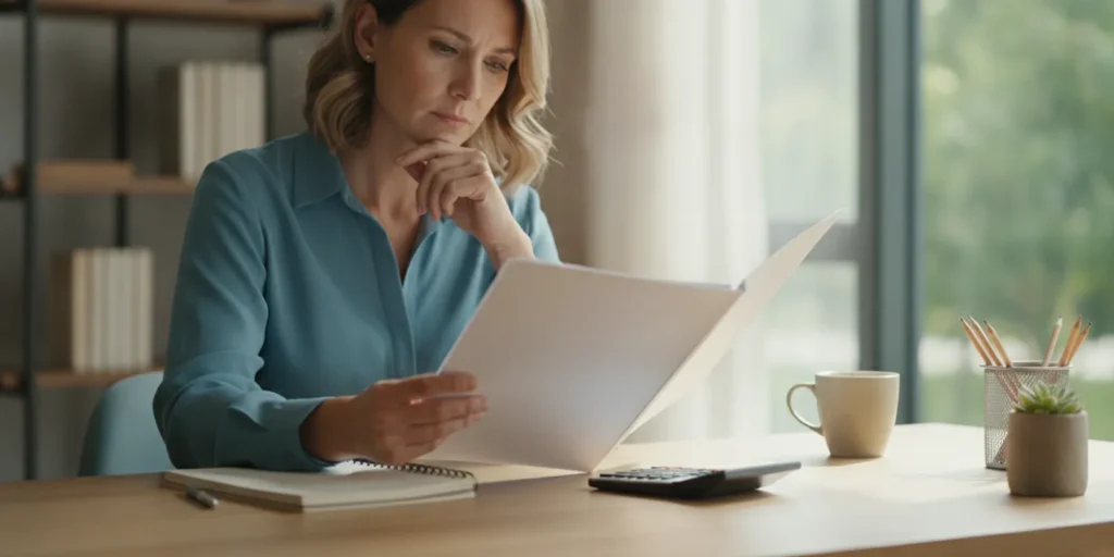 Prospective franchise owner reviewing a disclosure document and financial notes at a desk