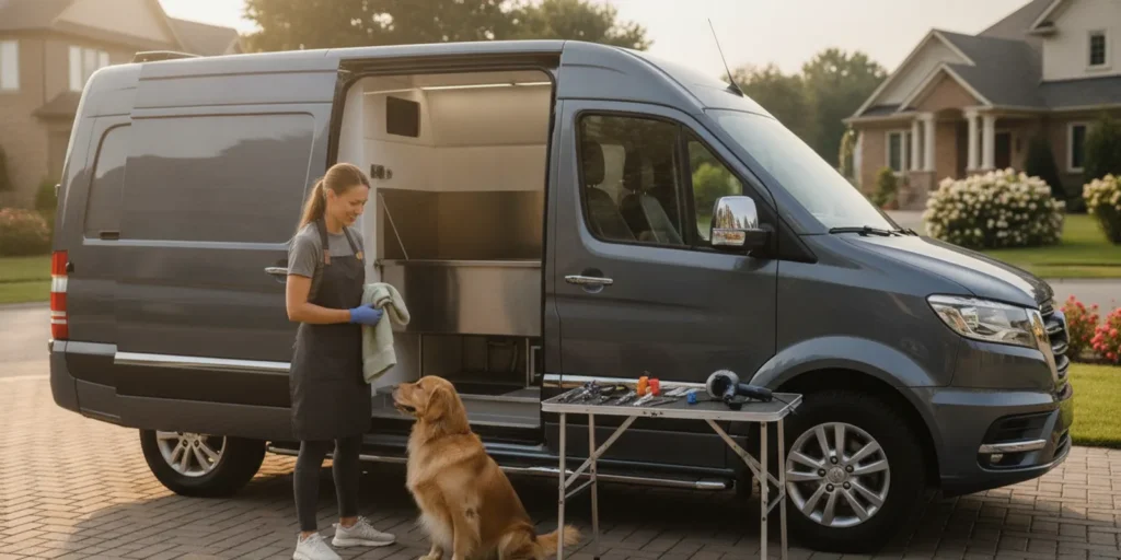 A mobile dog grooming van parked in a residential driveway as a groomer prepares equipment