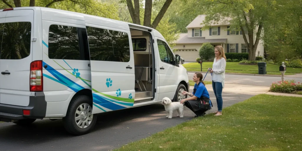 Mobile dog grooming van parked in a quiet suburban driveway